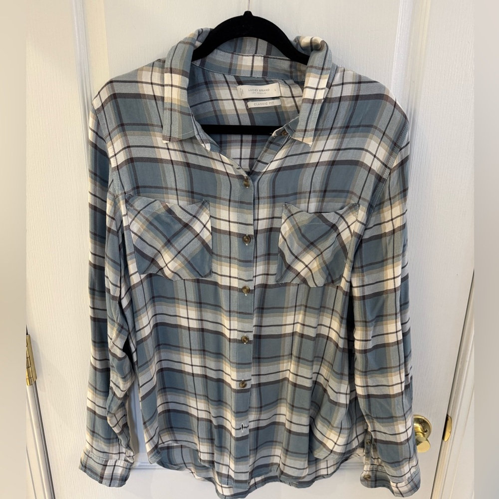 Lucky Brand Blue and White Plaid Button-Up Shirt Size L